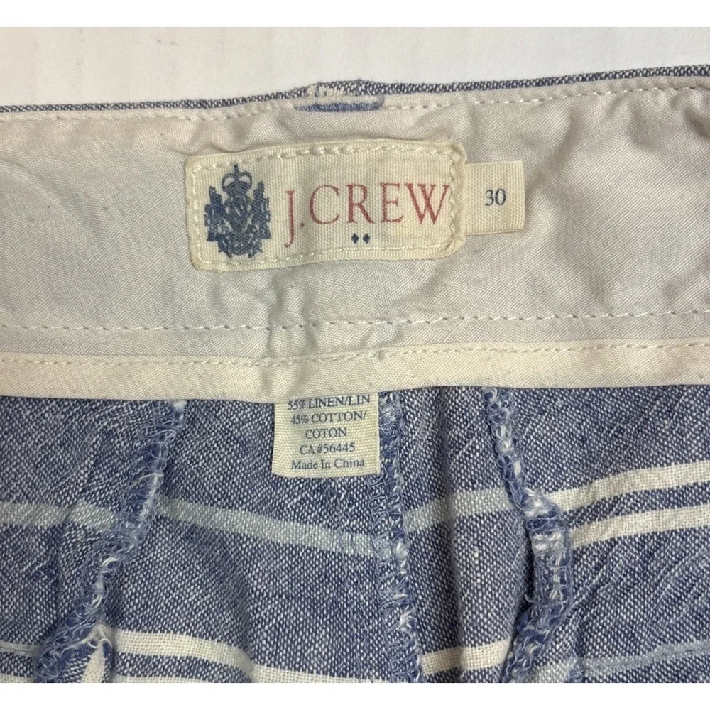 J. Crew Mens Blue and White Striped Flat Front Summer Shorts Linen Blend Size 30